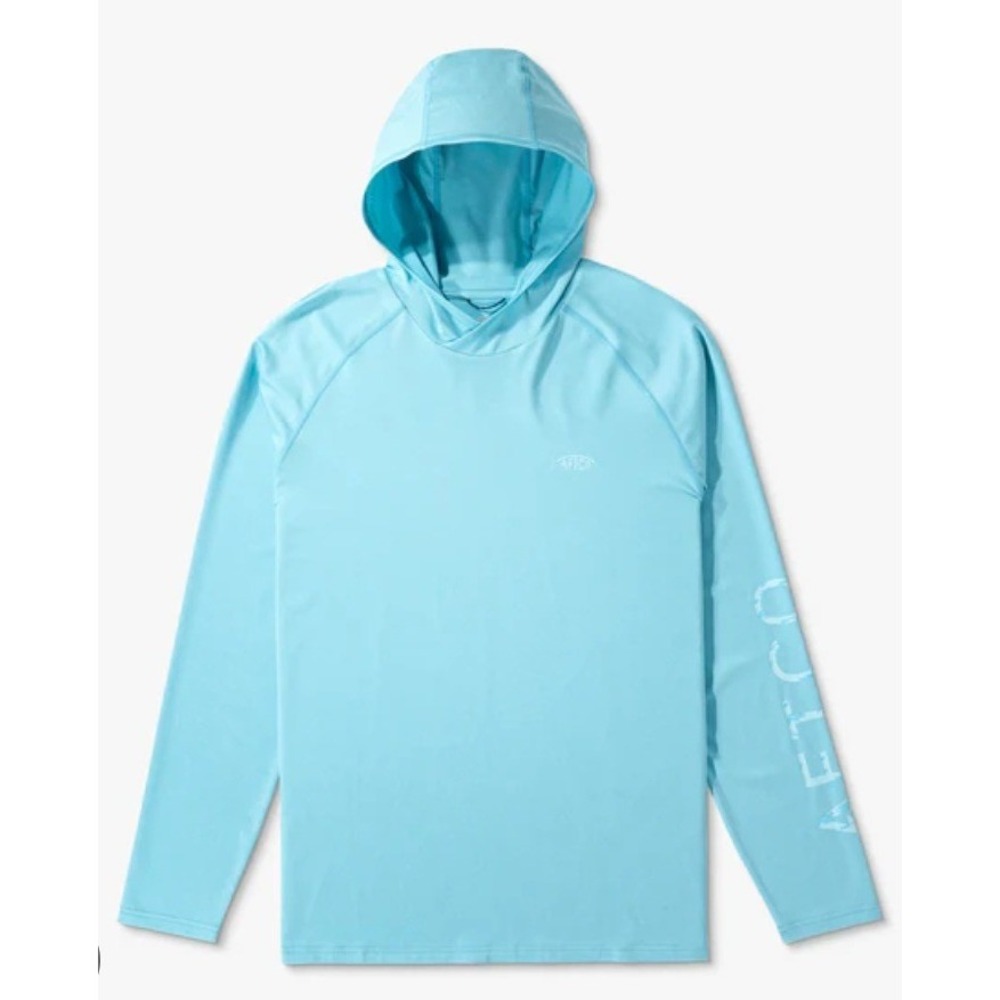 AFTCO Samurai Hooded Performance Shirt Mens S Aqua Blue Outdoor Fishing Tech